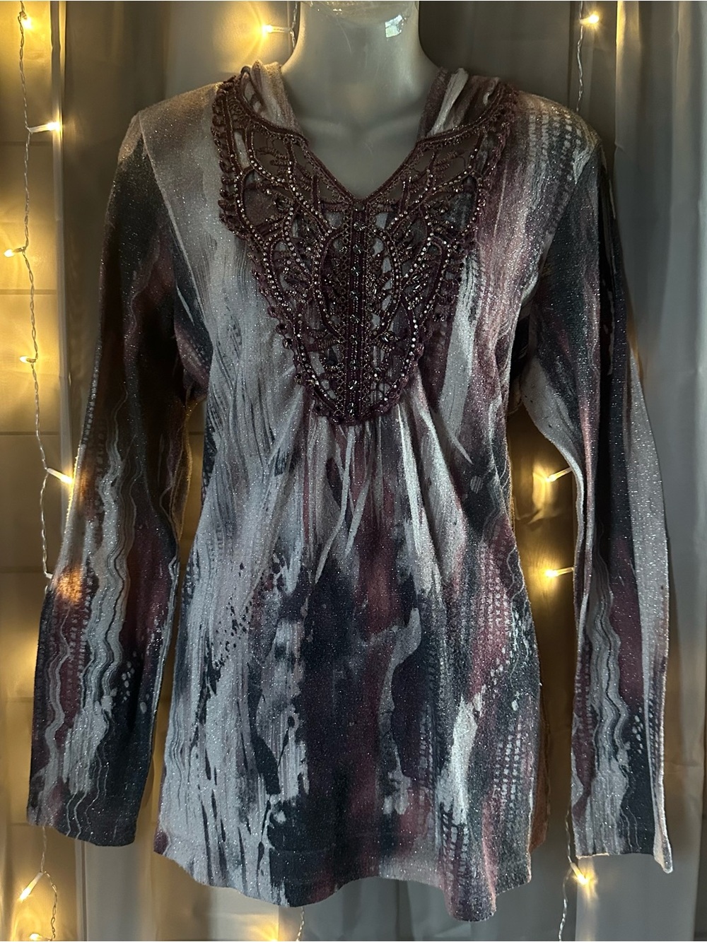 Christopher & Banks beaded neck metallic splat dye hooded long sleeve shirt Sz L
